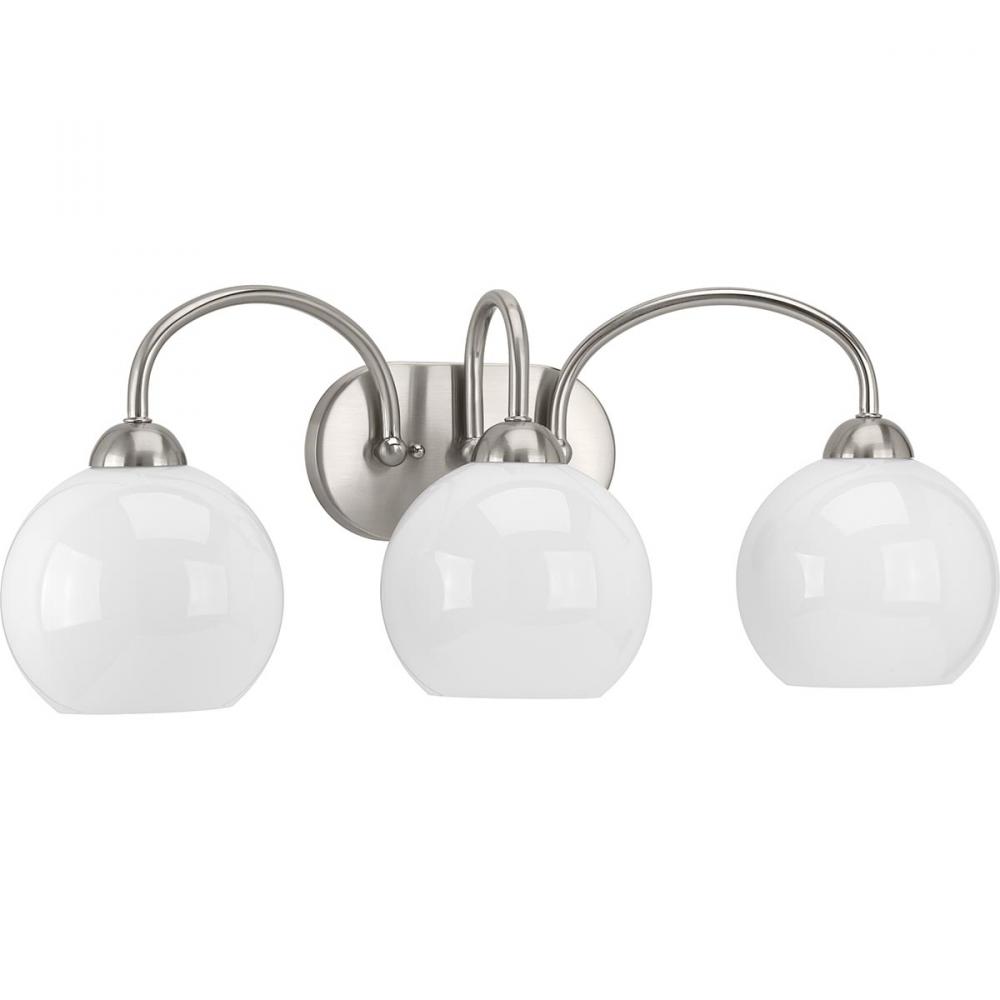 Carisa Collection Three-Light Brushed Nickel Opal Glass Mid-Century Modern Bath Vanity Light