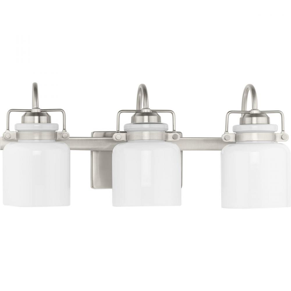 Fessler Collection Three-Light Brushed Nickel Opal Glass Farmhouse Bath Light