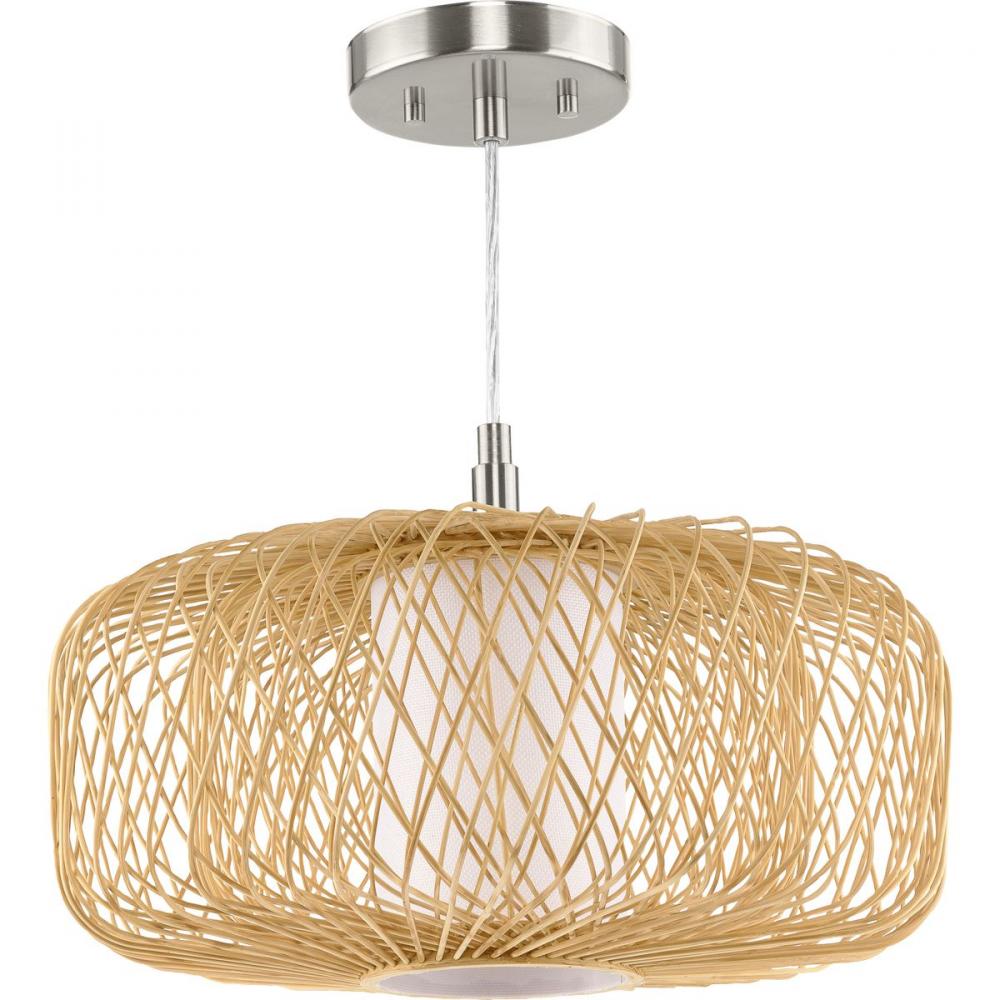 Cordova Collection Medium One-Light Natural Rattan Organic Modern Pendant with White Linen Shade