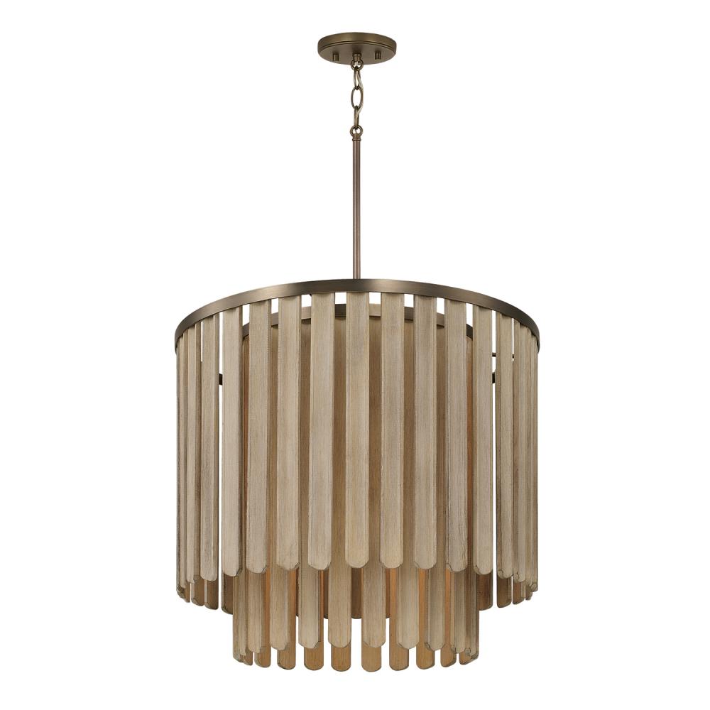 5-Light Pendant in Dark Brass with Handcrafted Mango Wood in Nordic Grey Stain