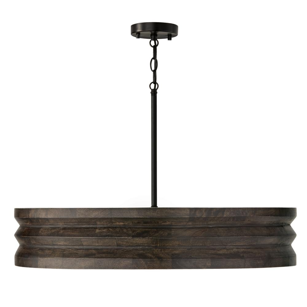 4-Light Chandelier in Matte Black and Handcrafted Mango Wood in Espresso Stain