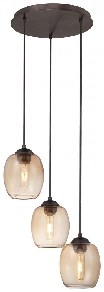 Three Light Teak Glass Cooper Bronze Patina Multi Light Pendant