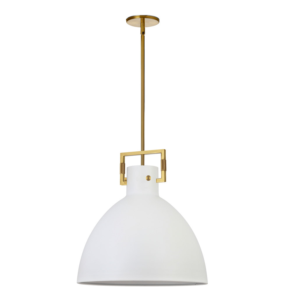 1 Light Incandescent Pendant Aged Brass with Matte White Metal Shade