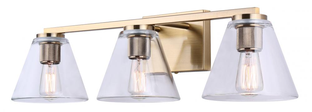 BERKLIE 25.5 in. 3 Light Gold Vanity with Clear Glass Shade