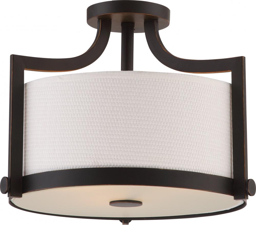 Meadow - 3 Light Semi Flush with White Fabric Shade - Russet Bronze Finish