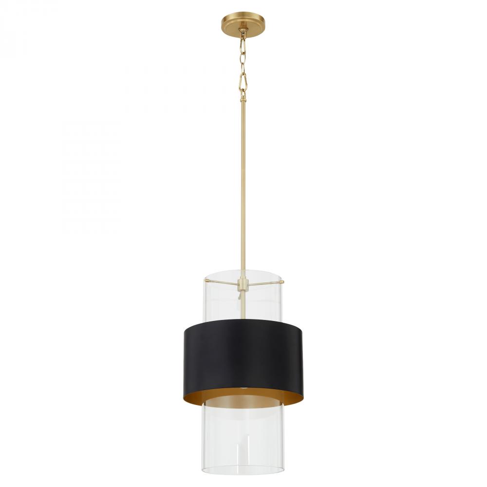 12 inches Clear Glass Pendant, Matte Black, Aged Brass