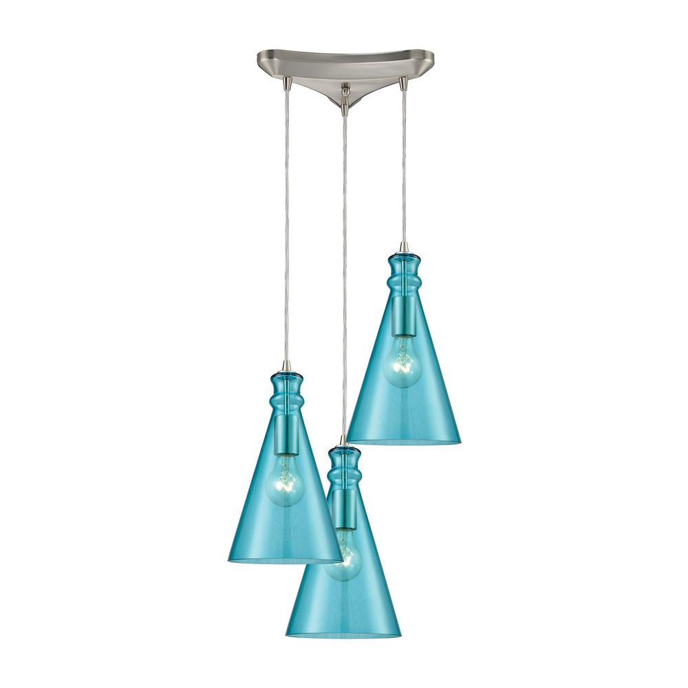 Parson 3-Light Triangle Pan in Satin Nickel with Aqua Glass Pendant