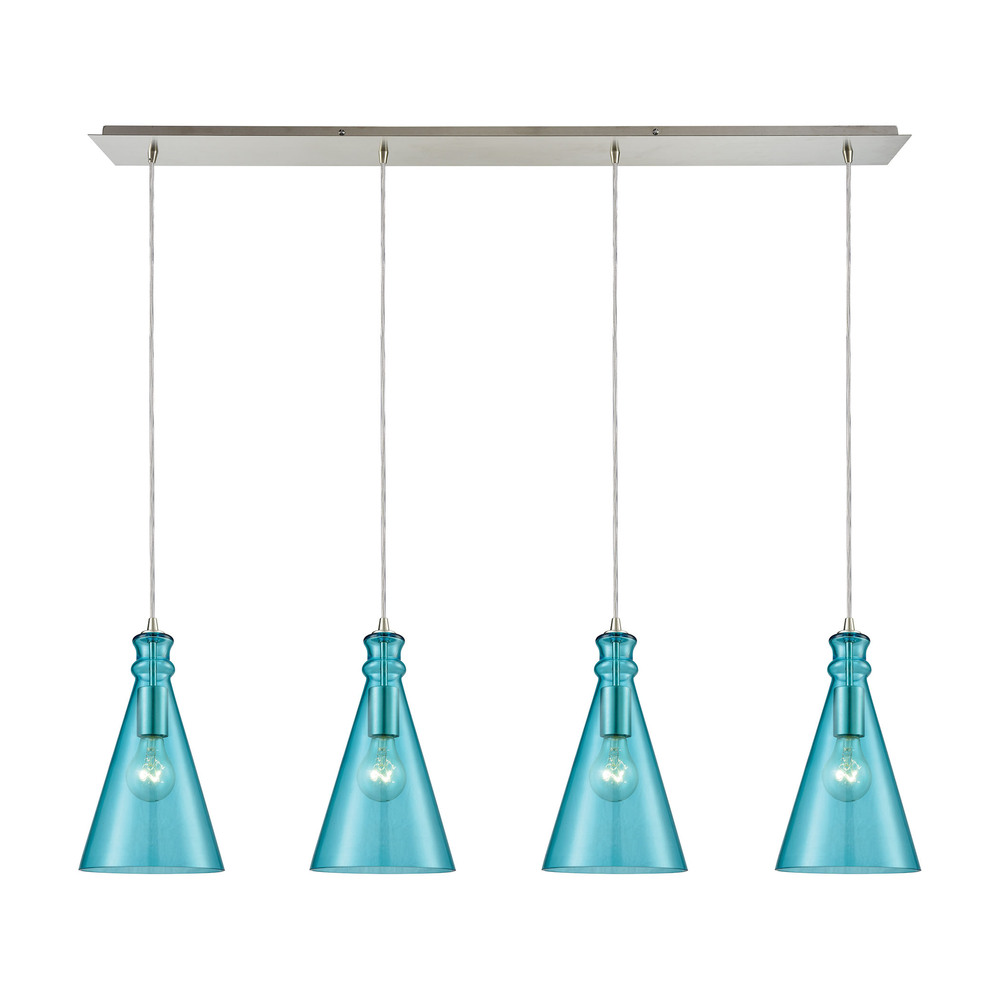 Parson 4-Light Linear Pan in Satin Nickel with Aqua Glass Pendant